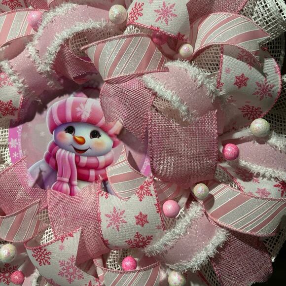 Snowman Wreath, Winter Christmas, Pink and White 22 Inch Deco mesh - Picture 3 of 5